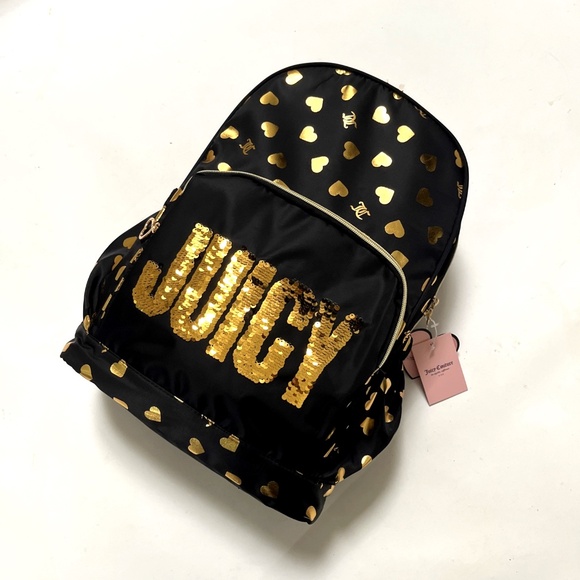 NWT JUICY COUTURE Black Gold Heart Sequin Logo Backpack School Travel Bag main image 6